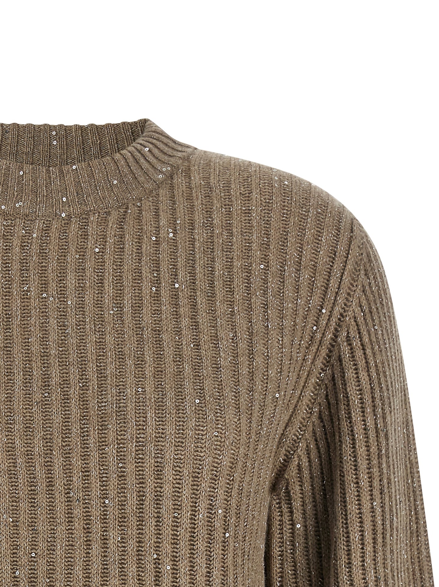 Cardigan by Brunello Cucinelli for women in cashmere polyamide & sequins beige features an impeccable silhouette, showcasing a sophisticated crew neckline and detail for a truly impeccable finish.