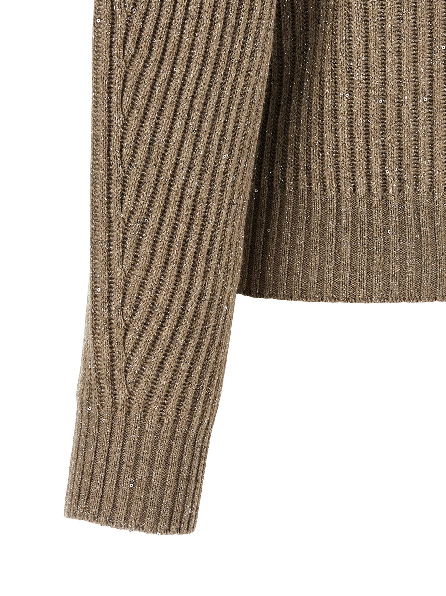 Cardigan by Brunello Cucinelli for women in cashmere polyamide & sequins beige presents a textural silhouette, artfully finished with a textural and for a sophisticated, textural look.