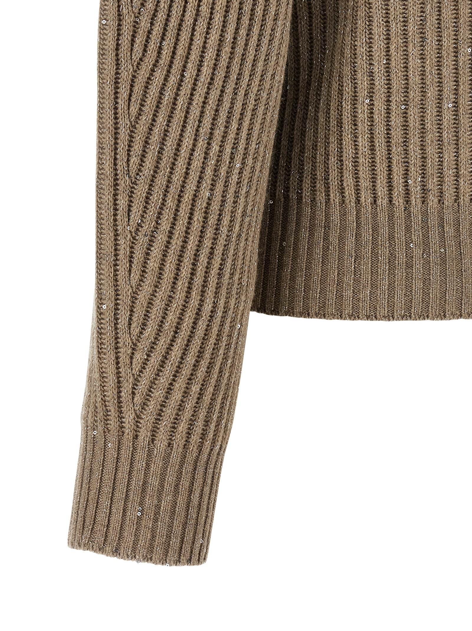 Cardigan by Brunello Cucinelli for women in cashmere polyamide & sequins beige presents a textural silhouette, artfully finished with a textural and for a sophisticated, textural look.