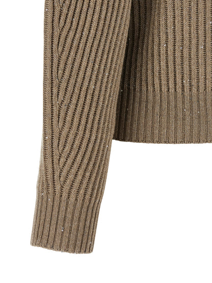 Cardigan by Brunello Cucinelli for women in cashmere polyamide & sequins beige presents a textural silhouette, artfully finished with a textural and for a sophisticated, textural look.