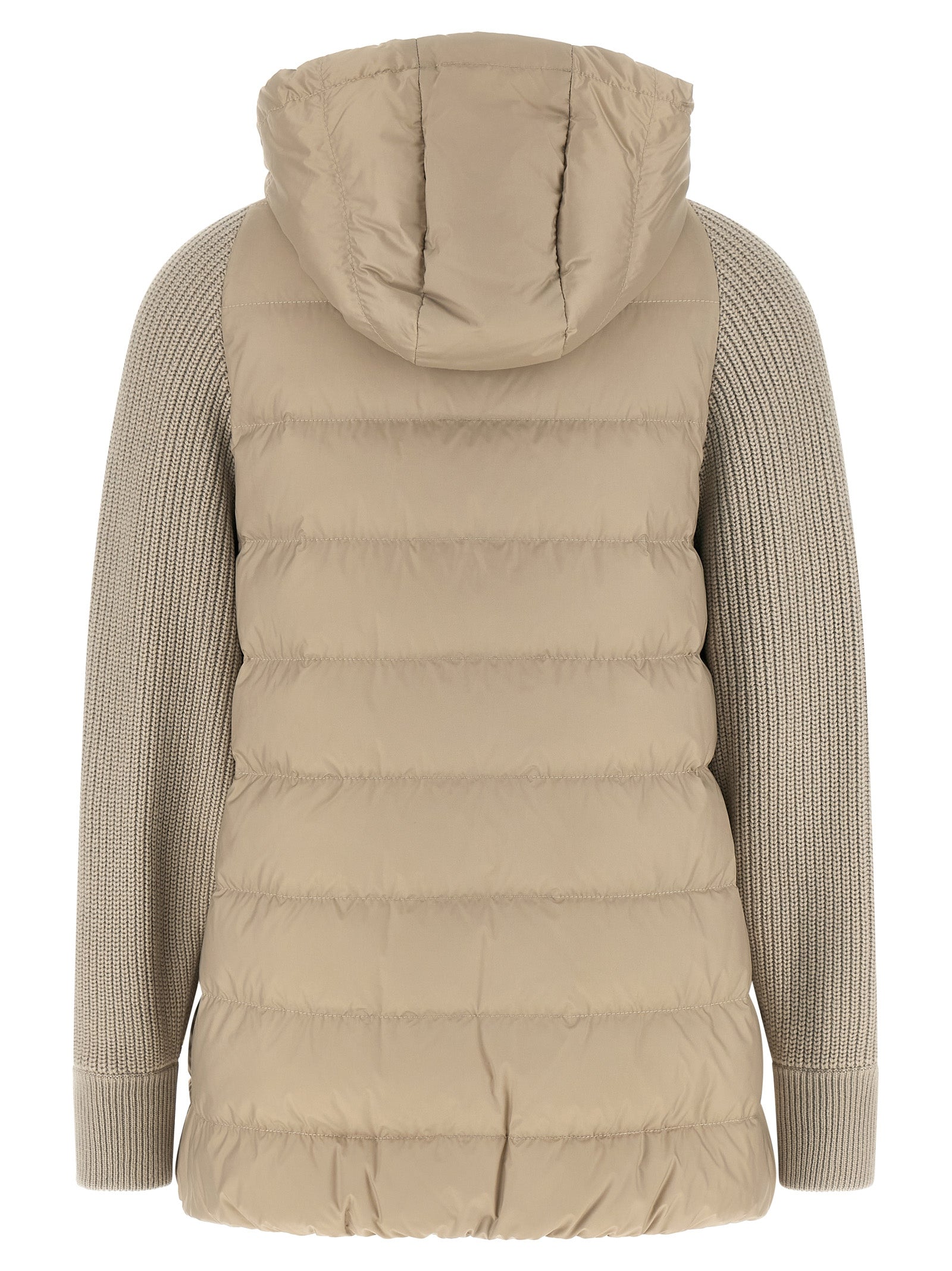 Hooded Puffer Jacket by Brunello Cucinelli for women in virgin cashmere wool & leather beige features an on trend silhouette, showcasing refined pockets, hooded & insulated and a sophisticated hooded high-neck neckline for a truly on trend finish.