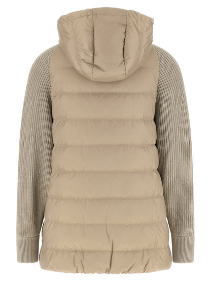 Hooded Puffer Jacket by Brunello Cucinelli for women in virgin cashmere wool & leather beige features an on trend silhouette, showcasing refined pockets, hooded & insulated and a sophisticated hooded high-neck neckline for a truly on trend finish.
