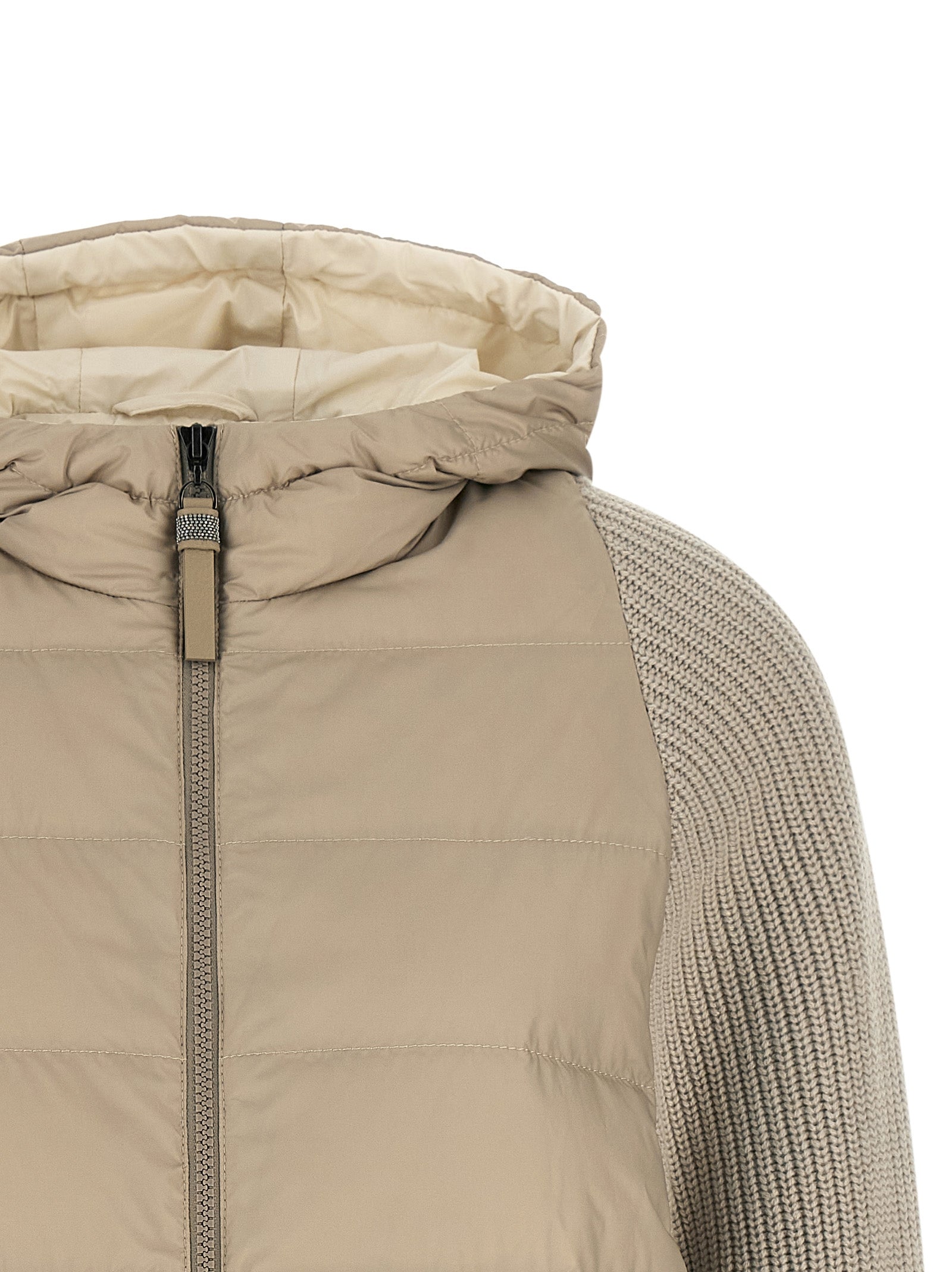 Hooded Puffer Jacket by Brunello Cucinelli for women in virgin cashmere wool & leather beige features a dramatic silhouette, showcasing a sophisticated hooded high-neck neckline and distinctive pockets, hooded & insulated for a dramatic aesthetic.