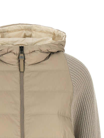 Hooded Puffer Jacket by Brunello Cucinelli for women in virgin cashmere wool & leather beige features a dramatic silhouette, showcasing a sophisticated hooded high-neck neckline and distinctive pockets, hooded & insulated for a dramatic aesthetic.