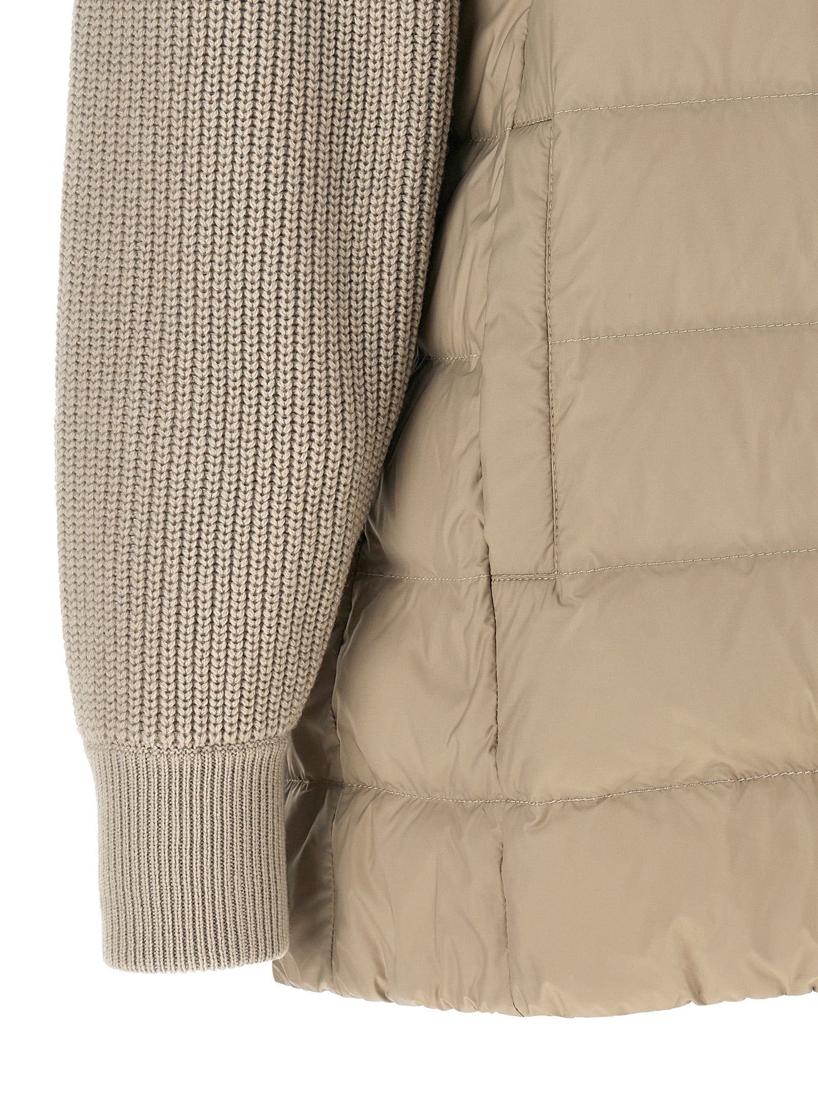 Hooded Puffer Jacket by Brunello Cucinelli for women in virgin cashmere wool & leather beige showcases a bohemian silhouette, artfully detailed with a bohemian and signature pockets, hooded & insulated for a truly bohemian finish.