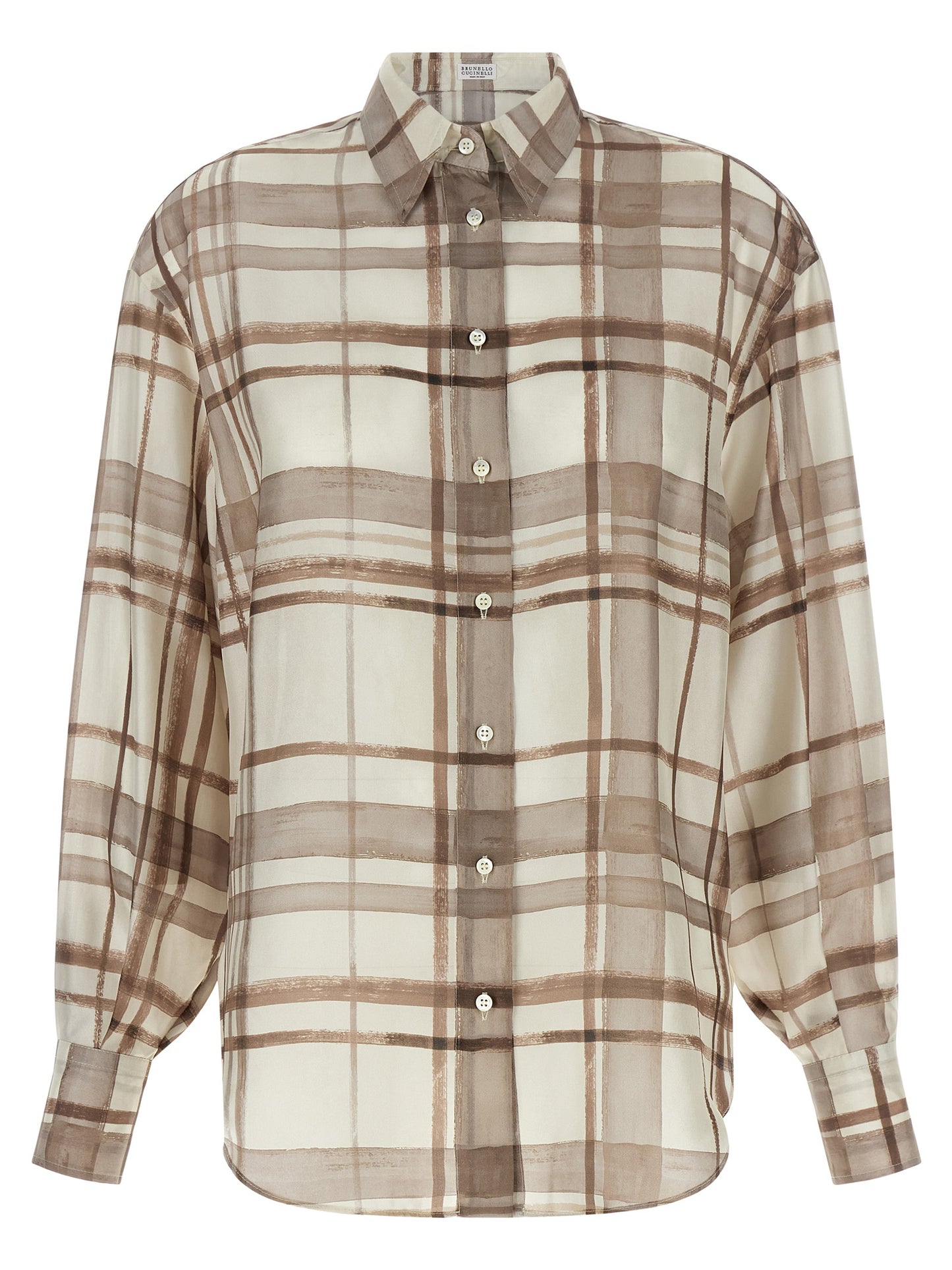 Blouse by Brunello Cucinelli for women in silk beige & patterned showcases a sleek silhouette, elegantly detailed with a sleek and for a sleek finish.