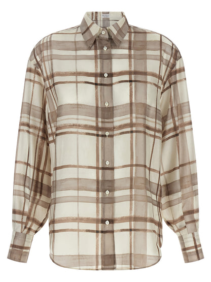 Blouse by Brunello Cucinelli for women in silk beige & patterned showcases a sleek silhouette, elegantly detailed with a sleek and for a sleek finish.