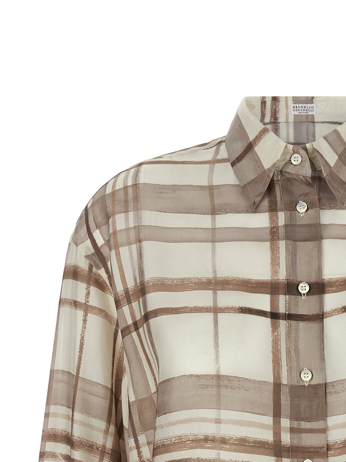 Blouse by Brunello Cucinelli for women in silk beige & patterned presents a discerning silhouette, showcasing a sophisticated and for a truly discerning finish.