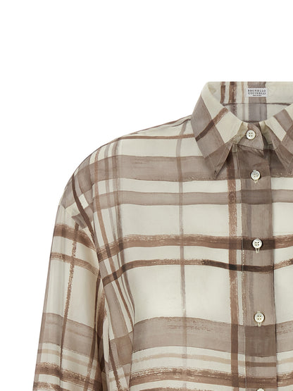 Blouse by Brunello Cucinelli for women in silk beige & patterned presents a discerning silhouette, showcasing a sophisticated and for a truly discerning finish.