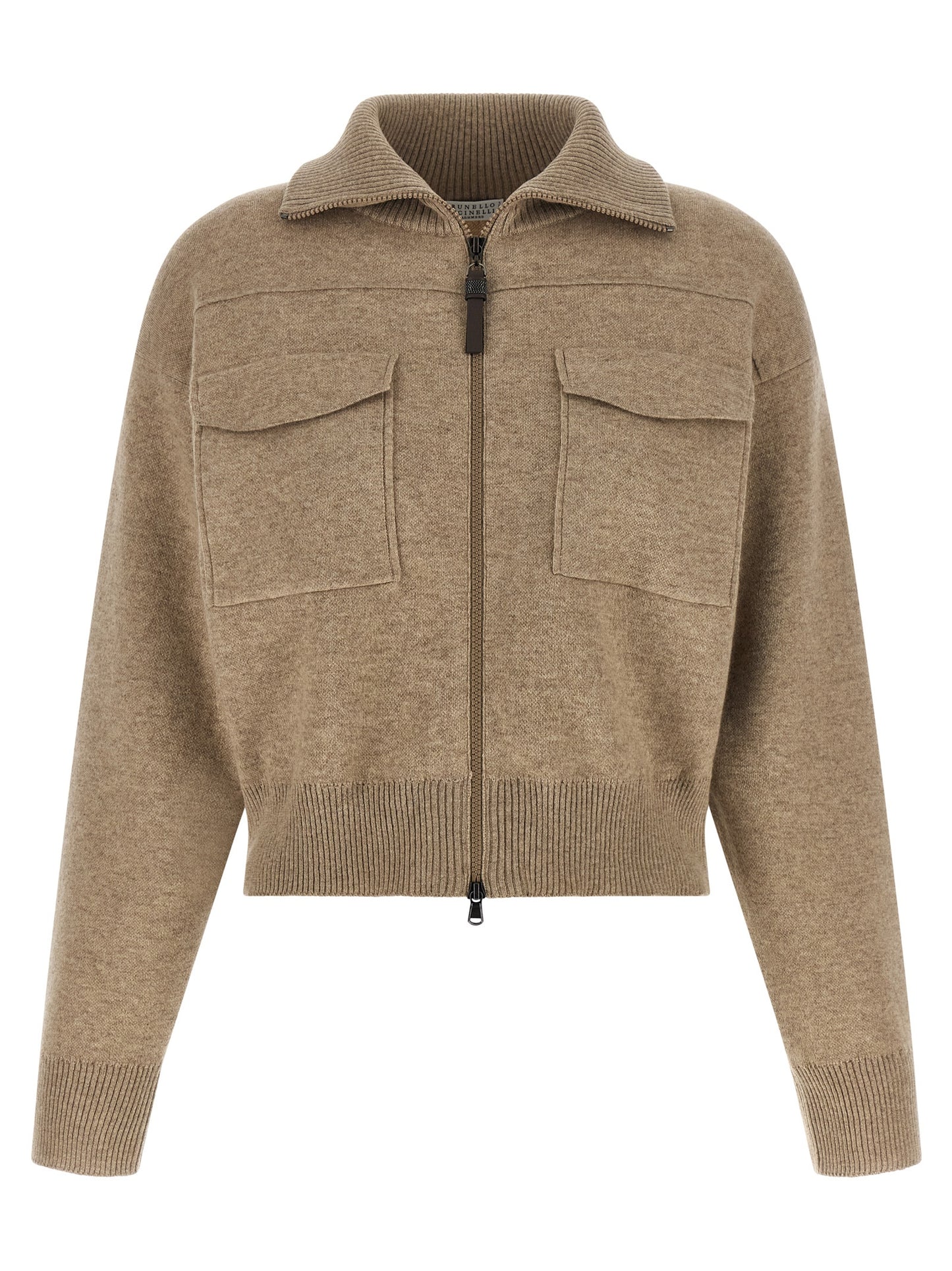 Cardigan by Brunello Cucinelli for women in polyamide & cashmere beige showcases a captivating silhouette, artfully detailed with a captivating long-sleeve and high-neck neckline for a truly sophisticated captivating look.