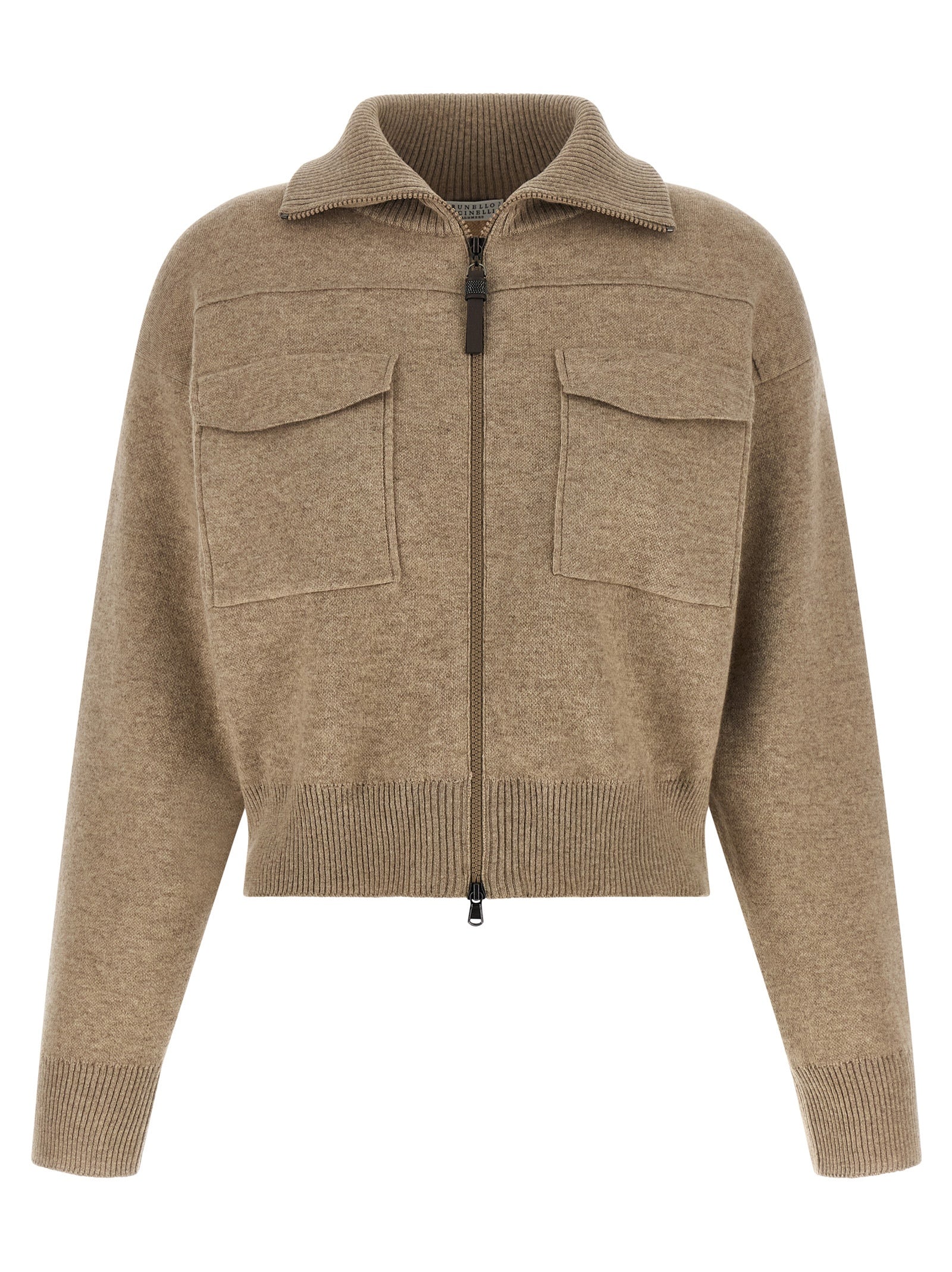 Cardigan by Brunello Cucinelli for women in polyamide & cashmere beige showcases a captivating silhouette, artfully detailed with a captivating long-sleeve and high-neck neckline for a truly sophisticated captivating look.
