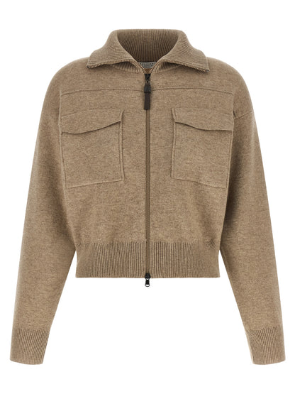 Cardigan by Brunello Cucinelli for women in polyamide & cashmere beige showcases a captivating silhouette, artfully detailed with a captivating long-sleeve and high-neck neckline for a truly sophisticated captivating look.