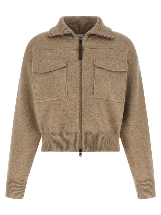 Cardigan by Brunello Cucinelli for women in polyamide & cashmere beige showcases a captivating silhouette, artfully detailed with a captivating long-sleeve and high-neck neckline for a truly sophisticated captivating look.