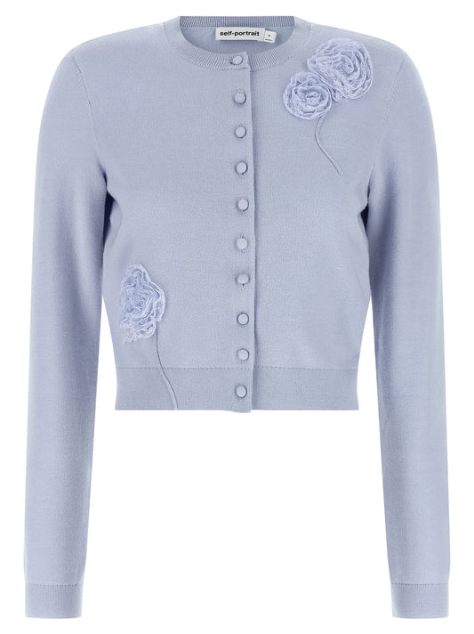 Cardigan by Self-Portrait for women in polyamide polyester silk & wool light-blue showcases a captivating silhouette, artfully detailed with a captivating long-sleeve and crew neckline for a truly sophisticated captivating look.