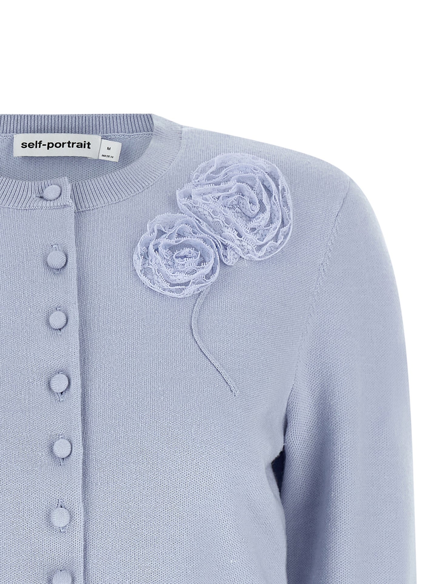 Cardigan by Self-Portrait for women in polyamide polyester silk & wool light-blue features a nuanced silhouette with a refined crew neckline and nuanced detailing for a sophisticated look.