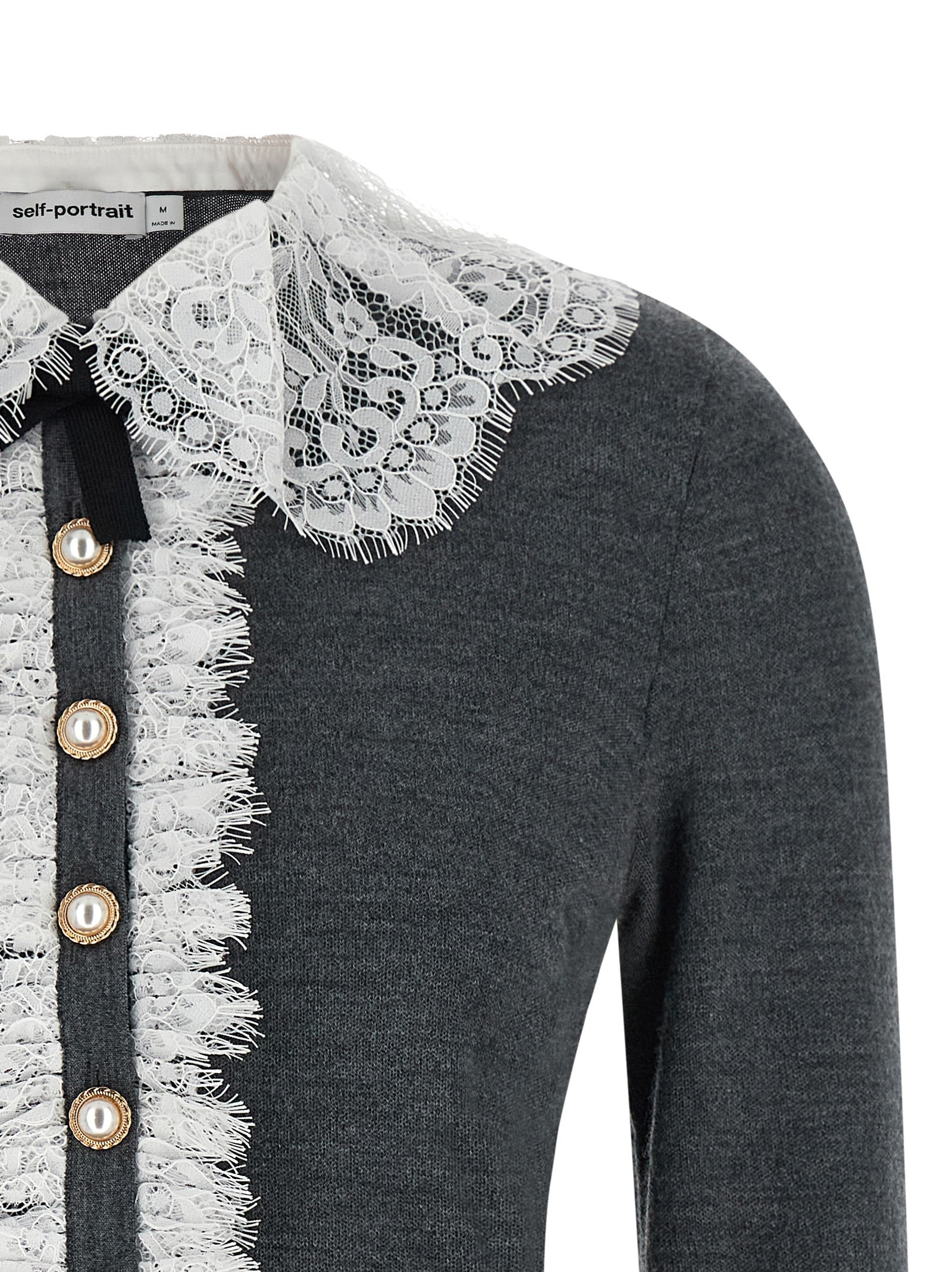Cardigan by Self-Portrait for women in wool gray presents a textural silhouette, artfully finished with a textural and for a sophisticated, textural look.