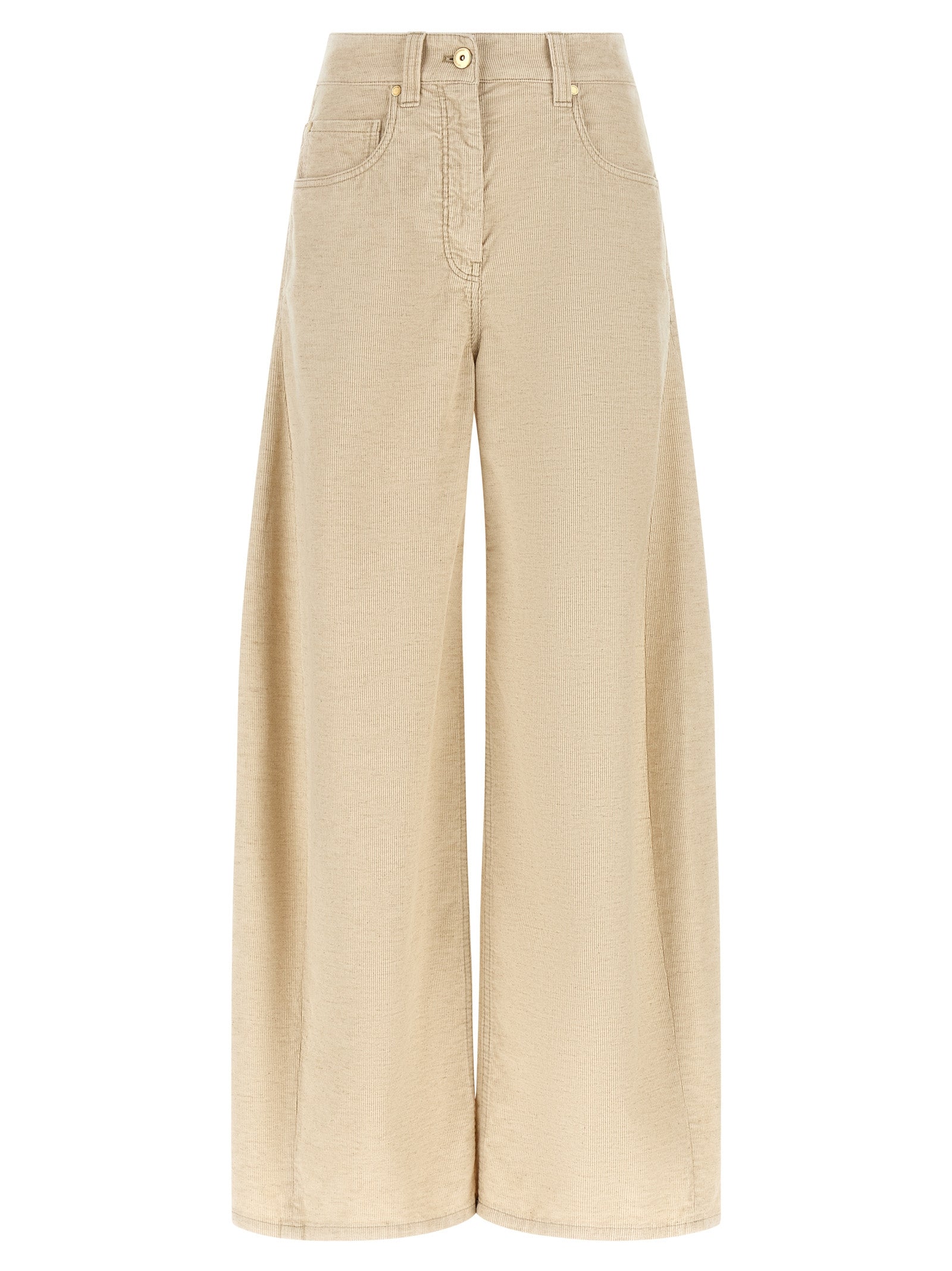 Trousers by Brunello Cucinelli for women in linen cotton corduroy beige & signature features a tailored silhouette with a tailored wide, defined by its long and a sophisticated high rise.