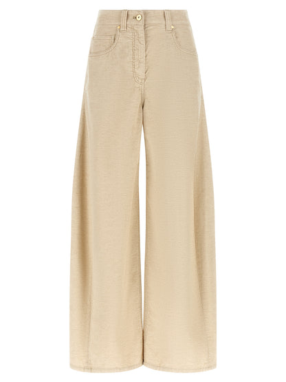 Trousers by Brunello Cucinelli for women in linen cotton corduroy beige & signature features a tailored silhouette with a tailored wide, defined by its long and a sophisticated high rise.