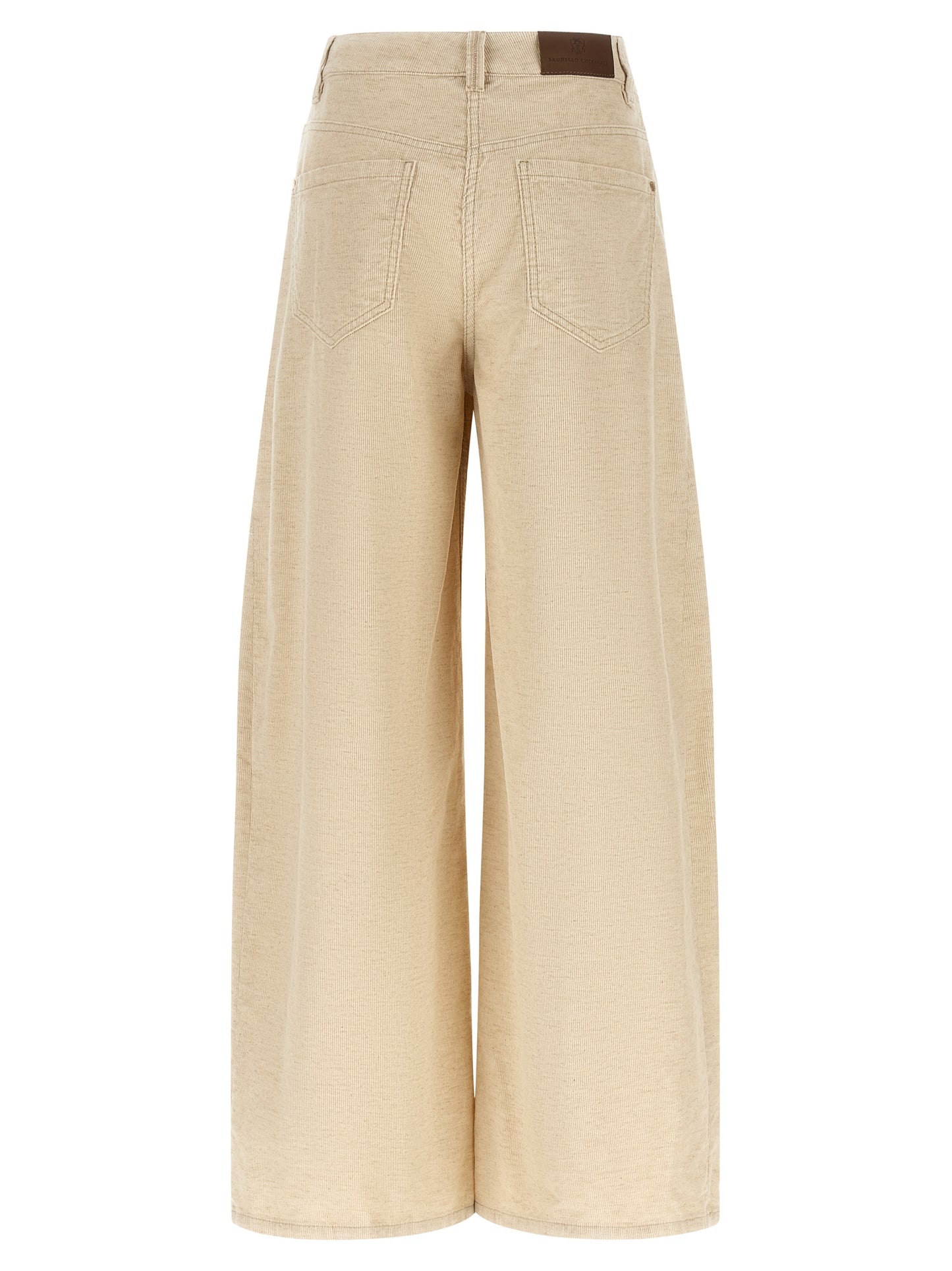 Trousers by Brunello Cucinelli for women in linen cotton corduroy beige & signature features an sartorial silhouette, showcasing a precise wide and long with a sartorial high rise for a refined look.