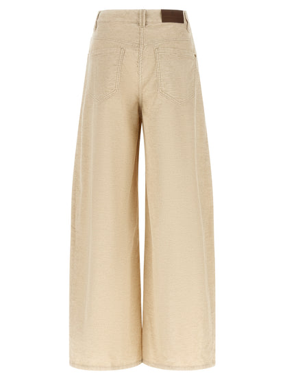 Trousers by Brunello Cucinelli for women in linen cotton corduroy beige & signature features an sartorial silhouette, showcasing a precise wide and long with a sartorial high rise for a refined look.