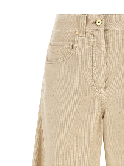 Trousers by Brunello Cucinelli for women in linen cotton corduroy beige & signature features a artisanal silhouette, showcasing a sophisticated wide with a long and high rise for a artisanal finish.