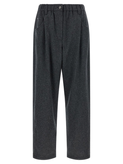 Pants by Brunello Cucinelli for women in wool gray features a enduring silhouette, showcasing a enduring tapered-leg and long with a mid rise for a premium, tailored aesthetic.
