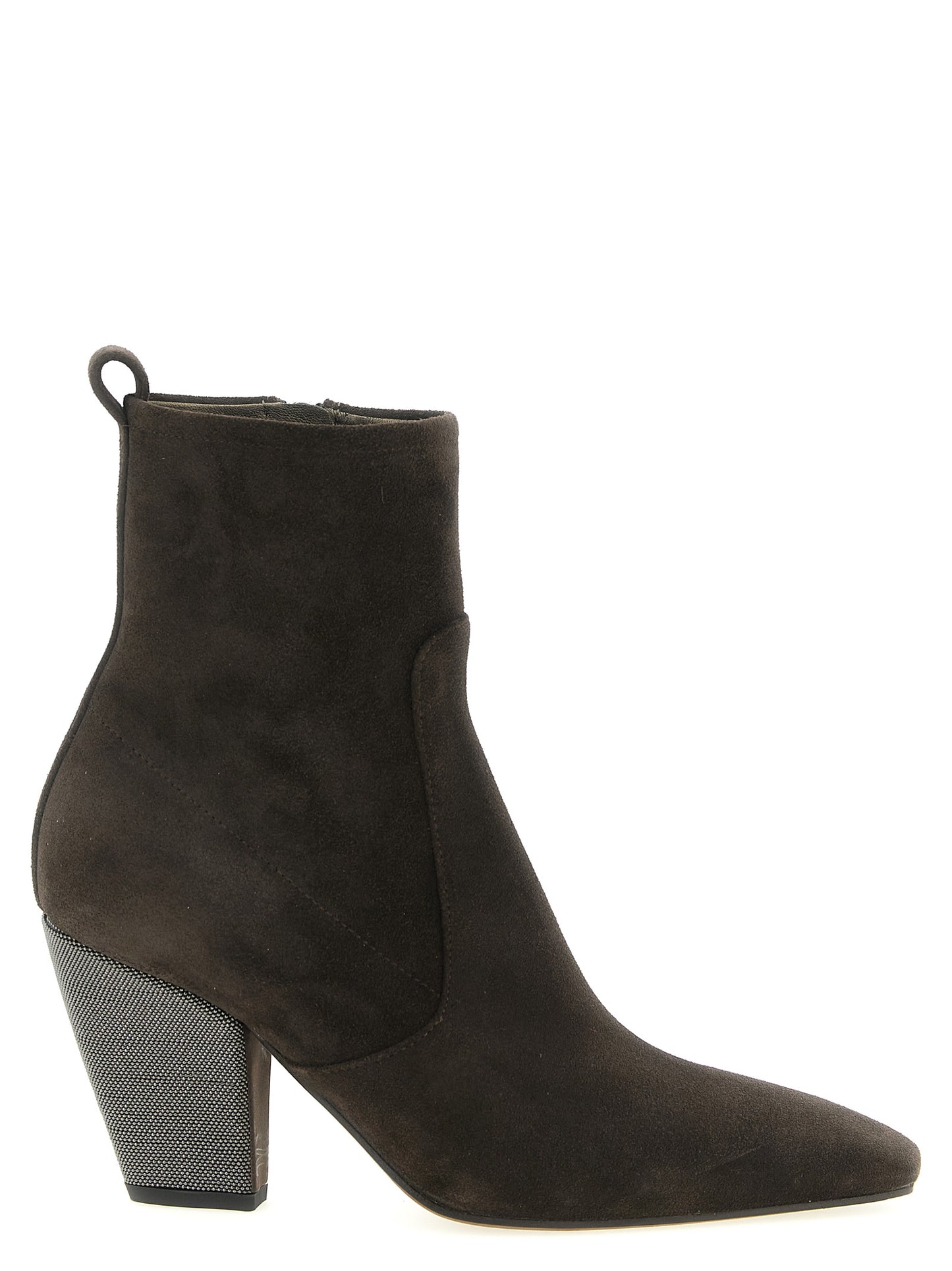 Ankle Boots by Brunello Cucinelli for women in bos taurus suede calfskin leather brown showcases a impeccable silhouette as Monile Women's Bos Taurus Suede Calfskin Leather Ankle Boots, artfully defined by a impeccable and a impeccable square toe style.