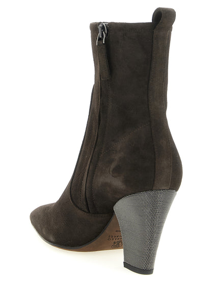 Ankle Boots by Brunello Cucinelli for women in bos taurus suede calfskin leather brown features an effortless chic silhouette from the Monile Women's Bos Taurus Suede Calfskin Leather Ankle Boots collection, showcasing a effortless chic and refined square toe style for an effortless chic look.