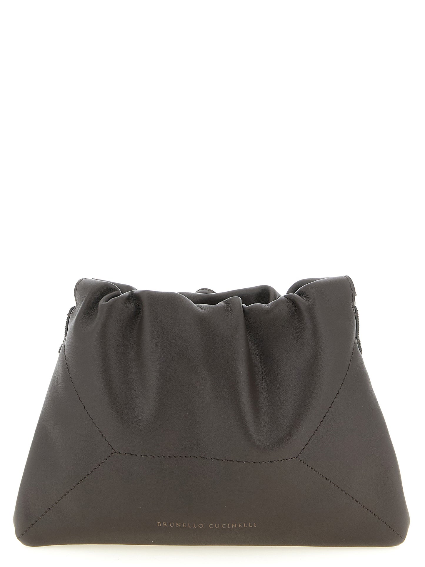 Drawstring Pouch Clutch Handbag by Brunello Cucinelli for women in calfskin leather brown showcases a sculptural silhouette, featuring a secure drawstring, ample , and versatile shoulder-strap for a sculptural finish.