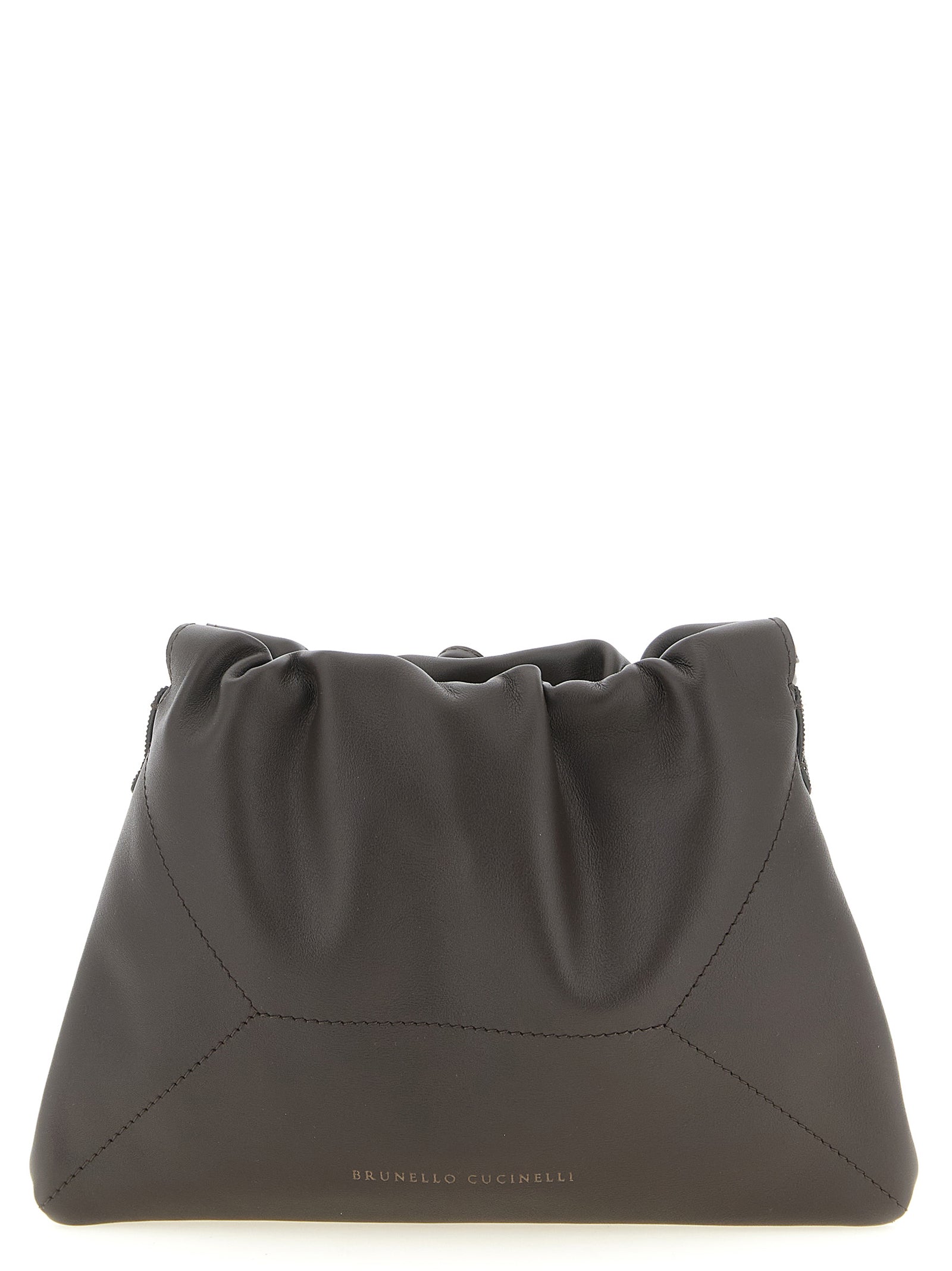 Drawstring Pouch Clutch Handbag by Brunello Cucinelli for women in calfskin leather brown showcases a sculptural silhouette, featuring a secure drawstring, ample , and versatile shoulder-strap for a sculptural finish.