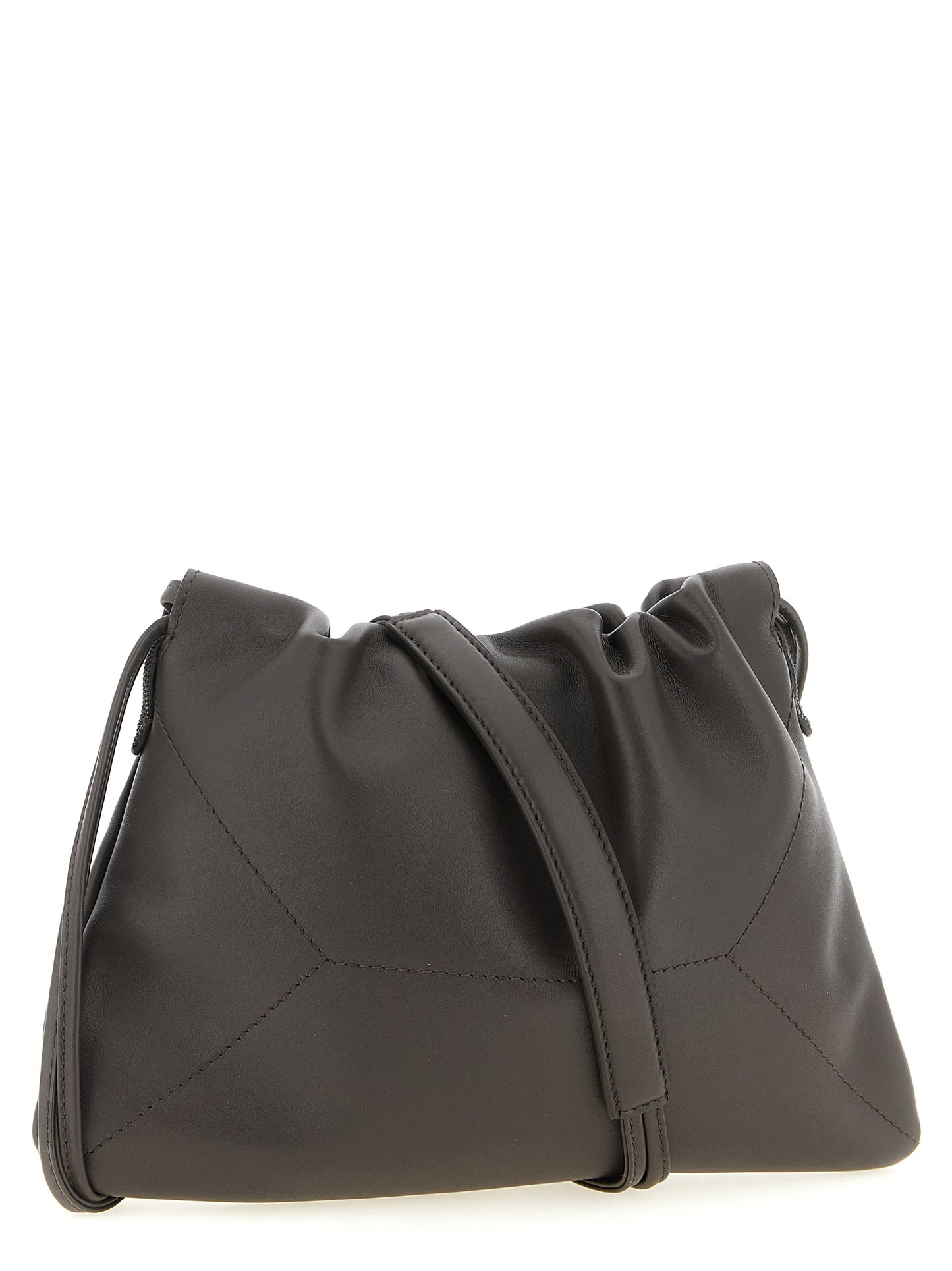 Drawstring Pouch Clutch Handbag by Brunello Cucinelli for women in calfskin leather brown features an sculptural silhouette, showcasing a secure drawstring and sculptural with versatile shoulder-strap for a sophisticated look.