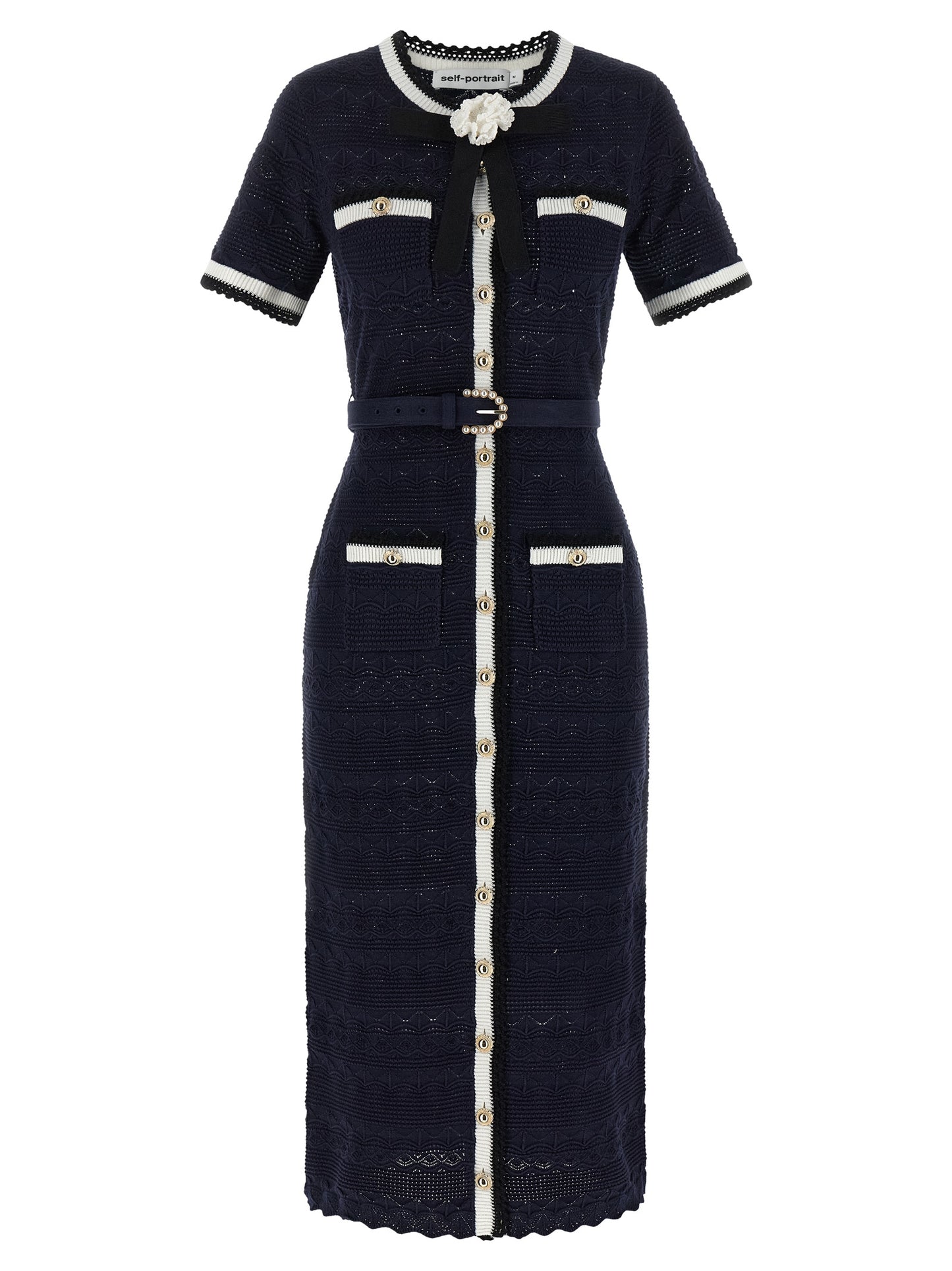 Dress by Self-Portrait for women in stretch poly cotton navy & floral features an magnificent silhouette, artfully detailed with a magnificent crew neckline and short-sleeve that flows into an magnificent midi short.