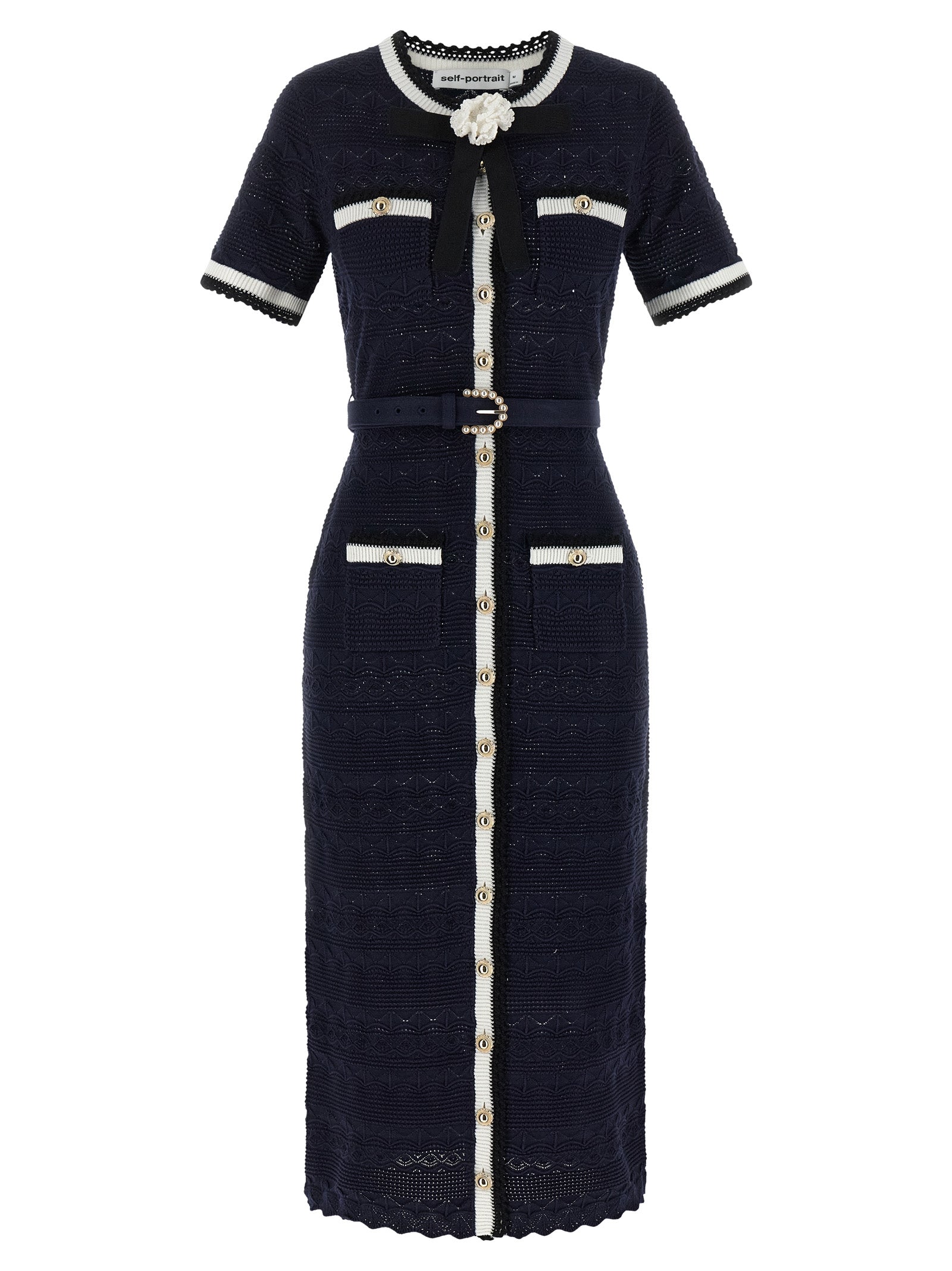 Dress by Self-Portrait for women in stretch poly cotton navy & floral features an magnificent silhouette, artfully detailed with a magnificent crew neckline and short-sleeve that flows into an magnificent midi short.