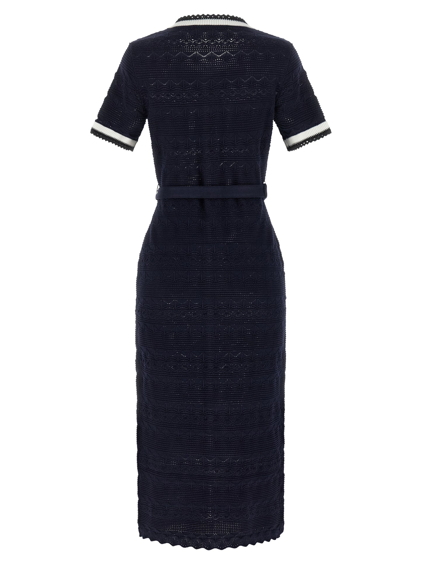 Dress by Self-Portrait for women in stretch poly cotton navy & floral features an cute silhouette, detailed with a and crew neckline that elegantly flows into a cute midi short.
