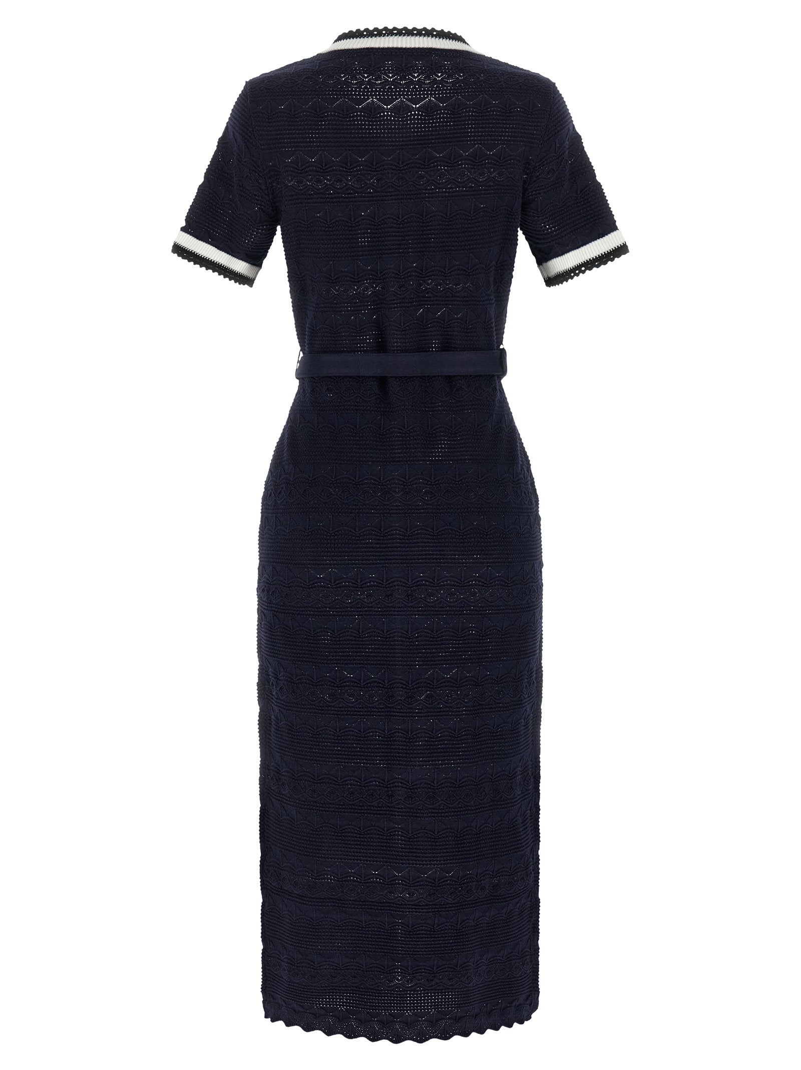 Dress by Self-Portrait for women in stretch poly cotton navy & floral features an cute silhouette, detailed with a and crew neckline that elegantly flows into a cute midi short.