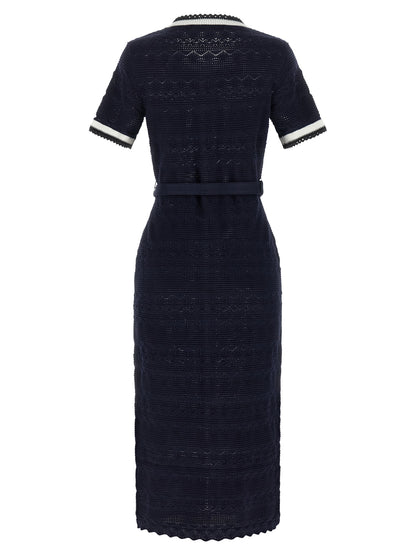 Dress by Self-Portrait for women in stretch poly cotton navy & floral features an cute silhouette, detailed with a and crew neckline that elegantly flows into a cute midi short.