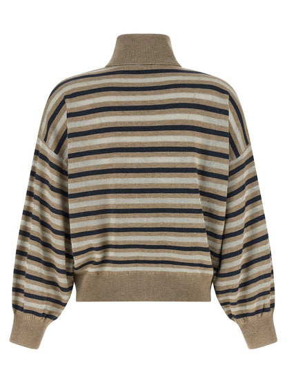 Cardigan by Brunello Cucinelli for women in silk cashmere virgin wool multicolor & striped presents a textural silhouette, artfully finished with a textural and for a sophisticated, textural look.