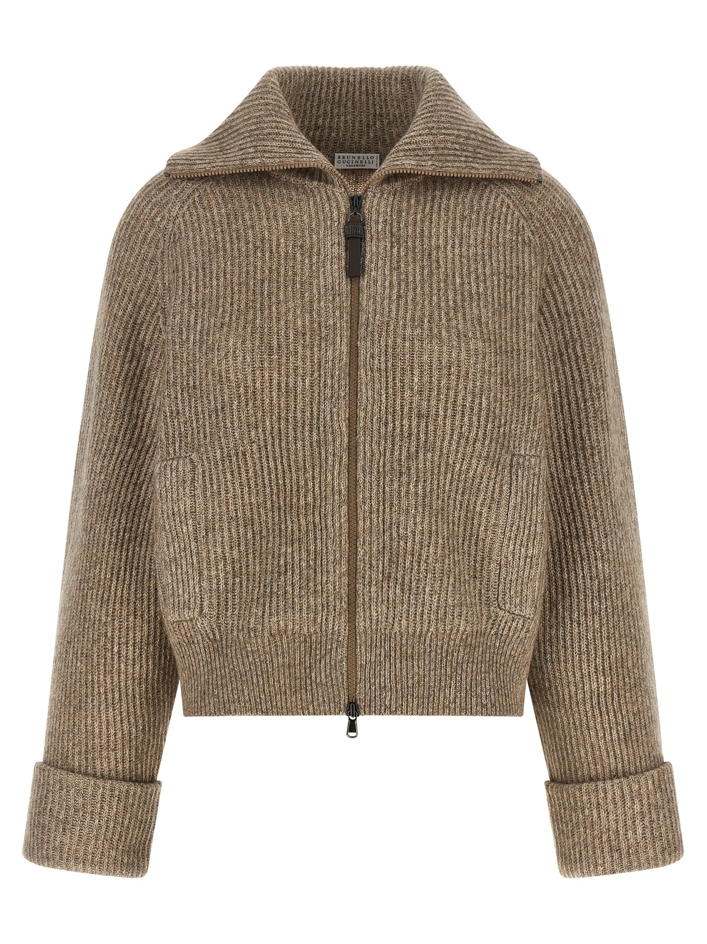 Cardigan by Brunello Cucinelli for women in polyamide cashmere & leather beige features a nuanced silhouette with a refined wrap neckline and nuanced detailing for a sophisticated look.