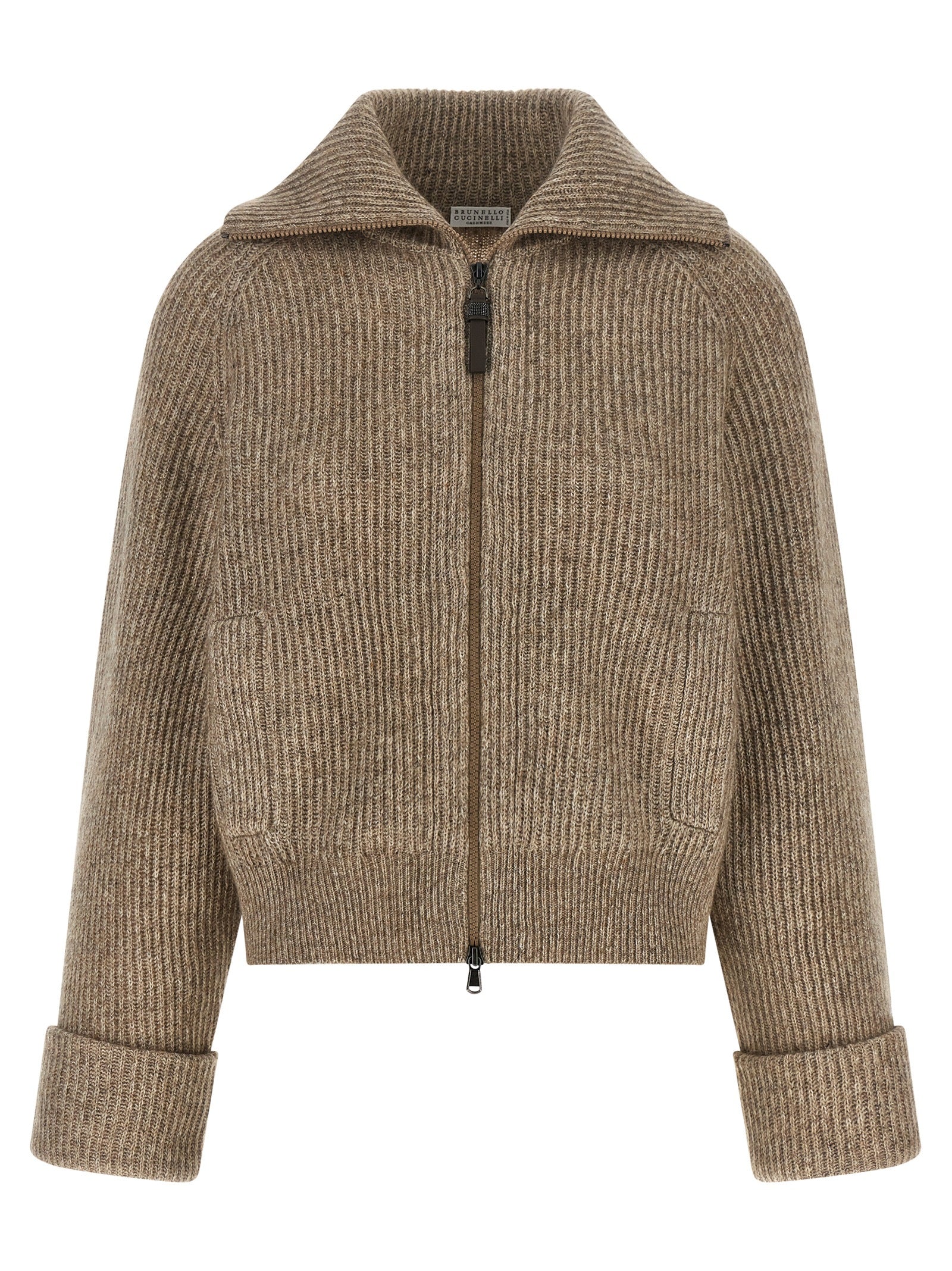 Cardigan by Brunello Cucinelli for women in polyamide cashmere & leather beige features a nuanced silhouette with a refined wrap neckline and nuanced detailing for a sophisticated look.