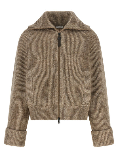 Cardigan by Brunello Cucinelli for women in polyamide cashmere & leather beige features a nuanced silhouette with a refined wrap neckline and nuanced detailing for a sophisticated look.
