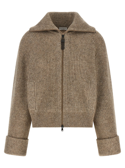 Cardigan by Brunello Cucinelli for women in polyamide cashmere & leather beige features a nuanced silhouette with a refined wrap neckline and nuanced detailing for a sophisticated look.