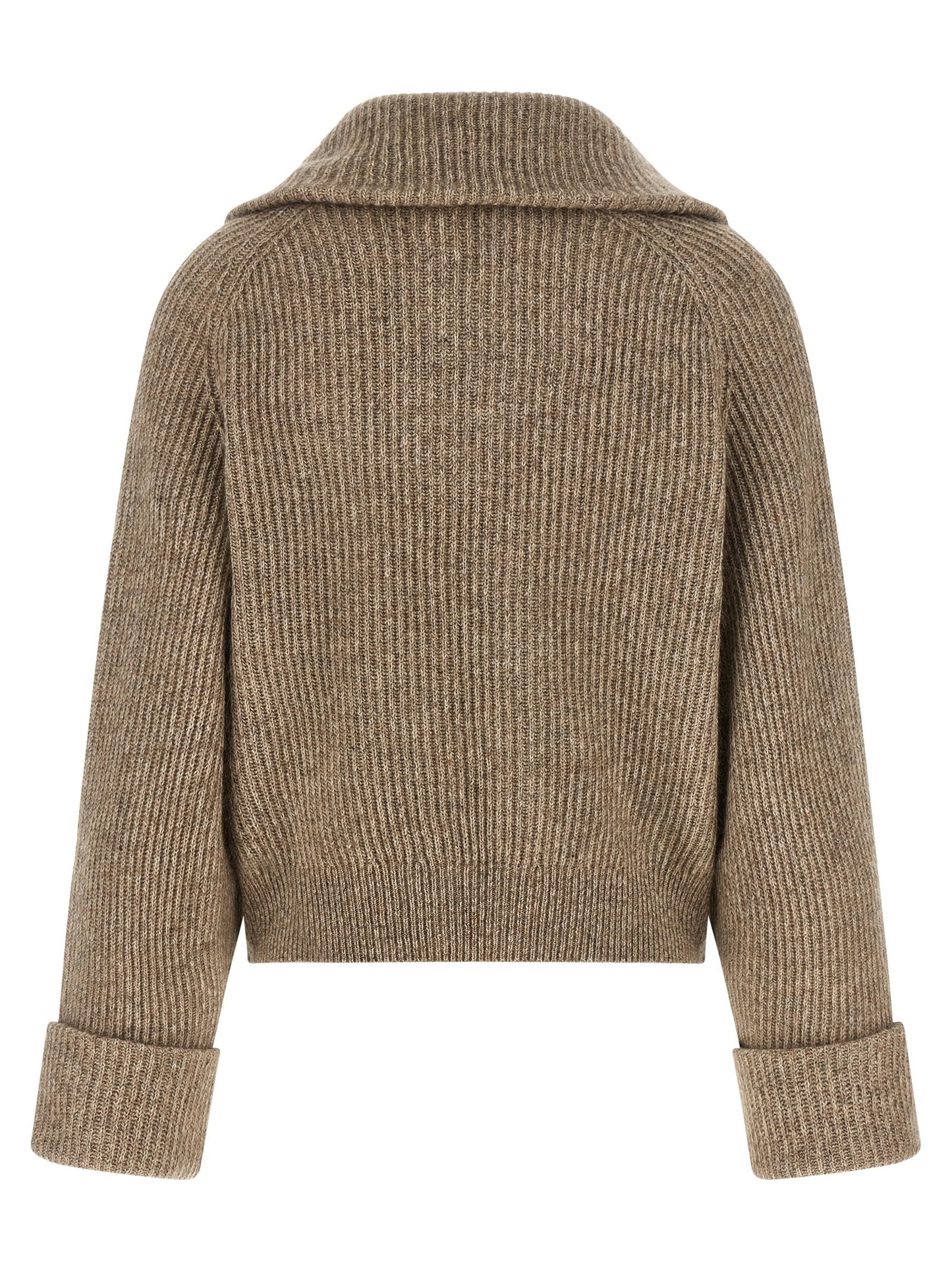 Cardigan by Brunello Cucinelli for women in polyamide cashmere & leather beige presents a textural silhouette, artfully finished with a textural wrap neckline and for a sophisticated, textural look.