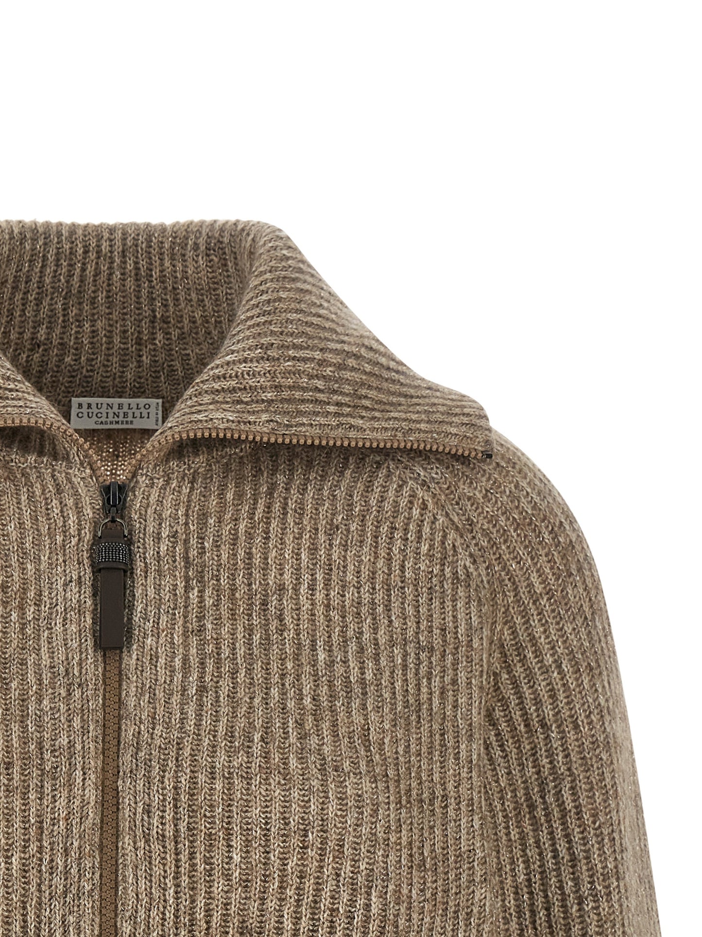 Cardigan by Brunello Cucinelli for women in polyamide cashmere & leather beige showcases a captivating silhouette, artfully detailed with a captivating and wrap neckline for a truly sophisticated captivating look.