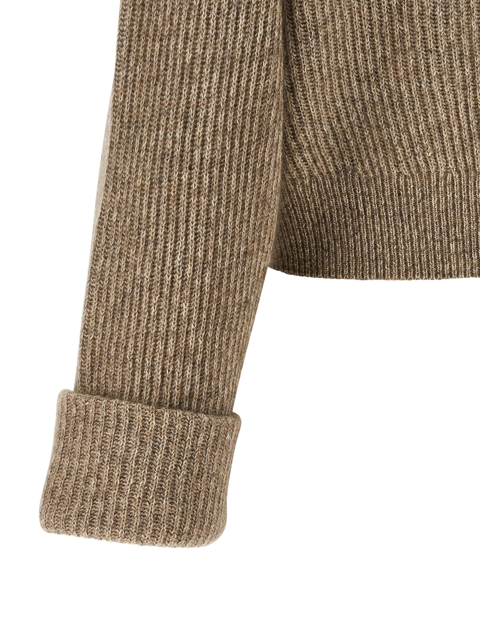 Cardigan by Brunello Cucinelli for women in polyamide cashmere & leather beige features a dramatic silhouette, showcasing a sophisticated and dramatic detail for a timeless, premium look.