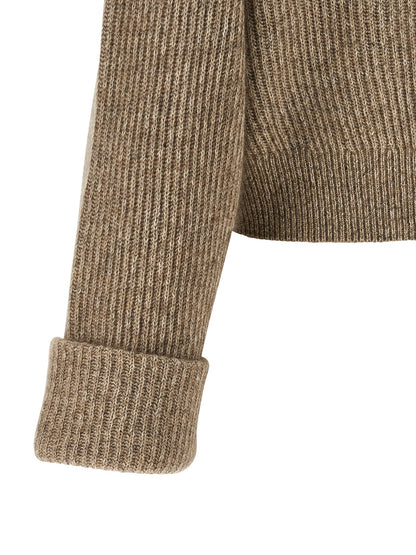 Cardigan by Brunello Cucinelli for women in polyamide cashmere & leather beige features a dramatic silhouette, showcasing a sophisticated and dramatic detail for a timeless, premium look.