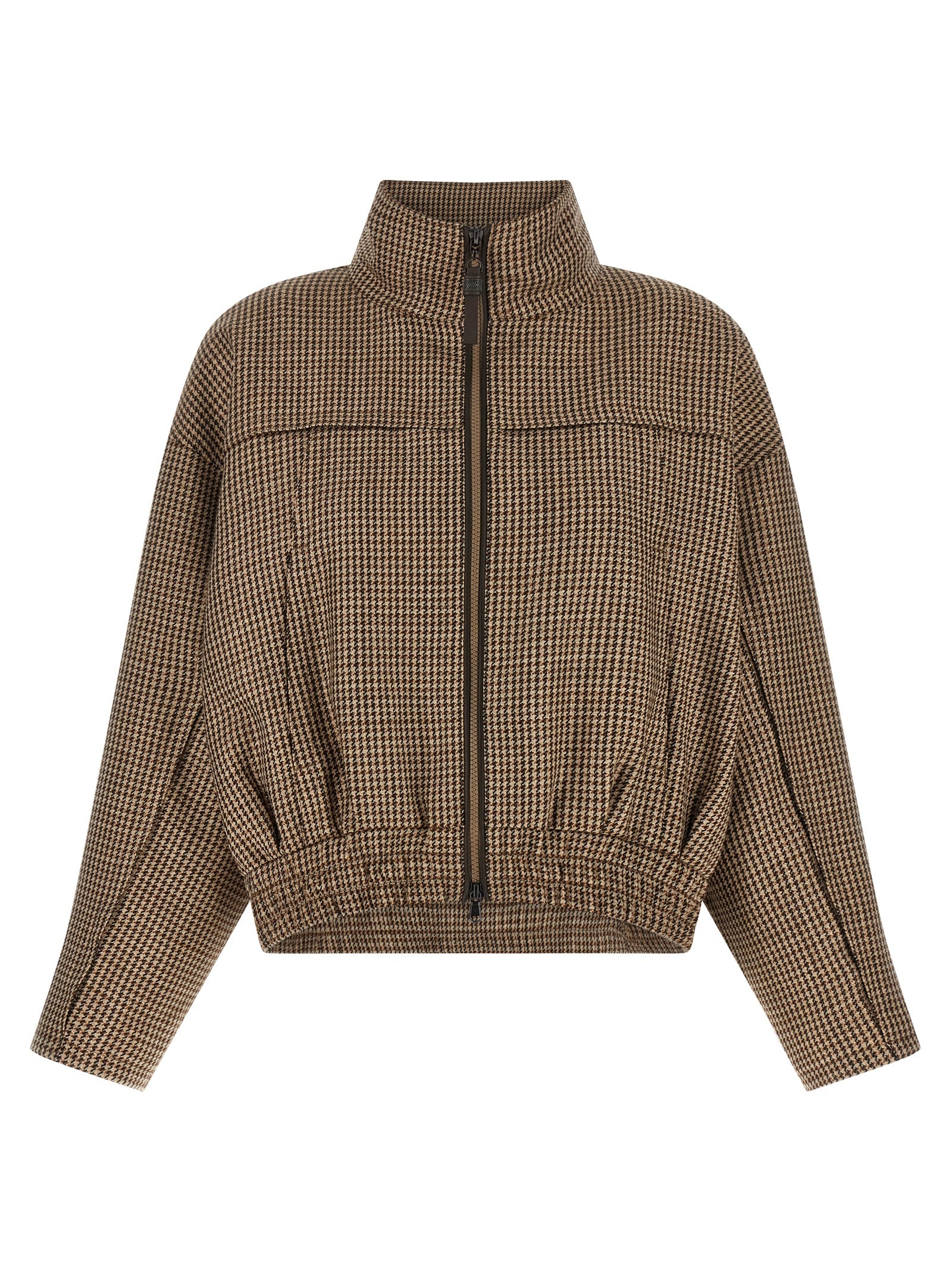 Jacket by Brunello Cucinelli for women in silk virgin wool polyamide leather brown, patterned & signature presents a authentic silhouette, artfully detailed with a authentic high-neck neckline and functional pockets for a premium authentic finish.