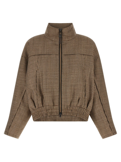 Jacket by Brunello Cucinelli for women in silk virgin wool polyamide leather brown, patterned & signature presents a authentic silhouette, artfully detailed with a authentic high-neck neckline and functional pockets for a premium authentic finish.