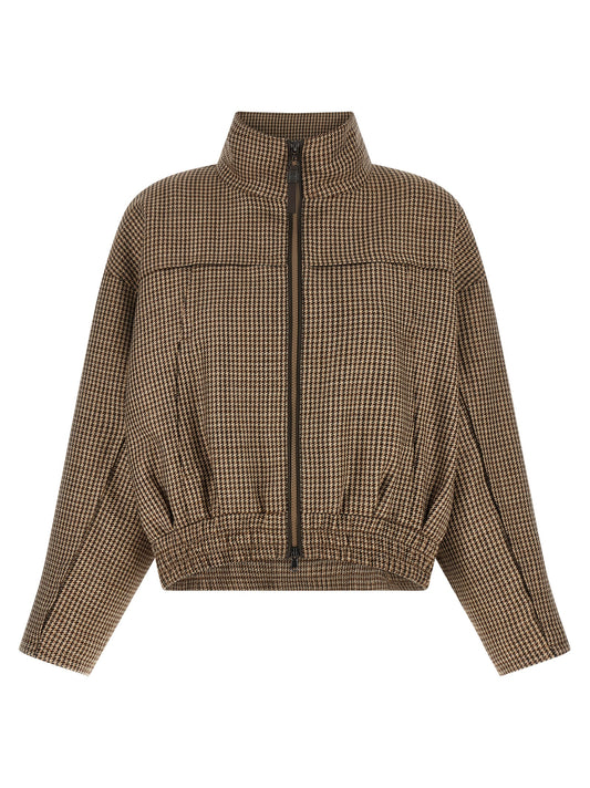 Brunello Cucinelli Monile Women's Silk Virgin Wool Polyamide Leather Jacket - Brown Patterned Signature
