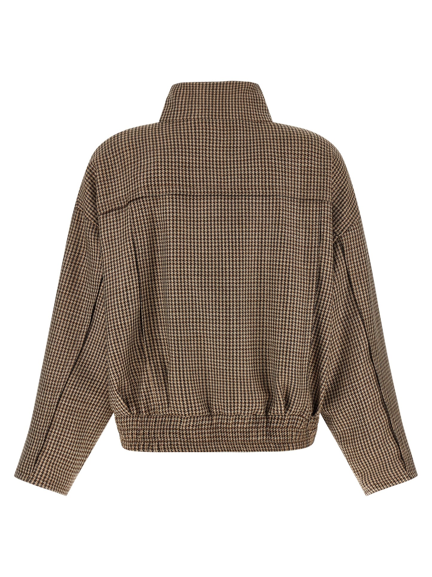 Jacket by Brunello Cucinelli for women in silk virgin wool polyamide leather brown, patterned & signature presents a impeccable silhouette, showcasing distinct pockets and a impeccable high-neck neckline for a sophisticated finish.