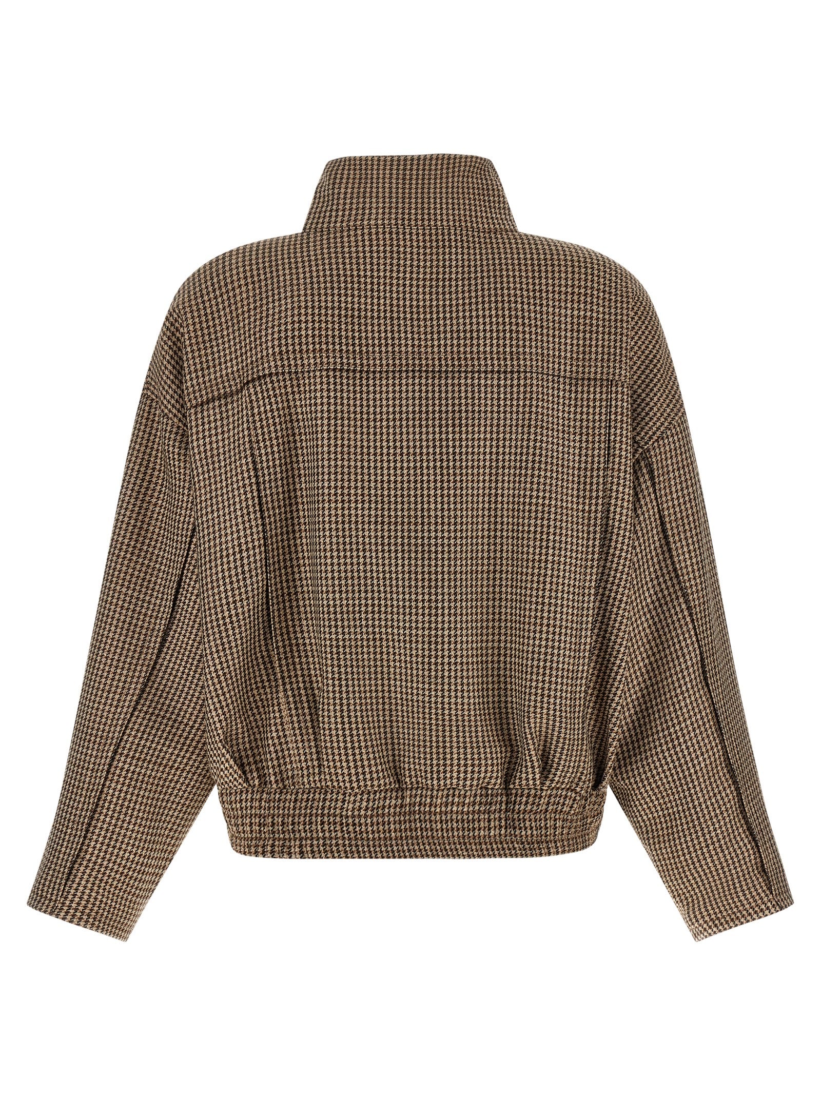 Jacket by Brunello Cucinelli for women in silk virgin wool polyamide leather brown, patterned & signature presents a impeccable silhouette, showcasing distinct pockets and a impeccable high-neck neckline for a sophisticated finish.